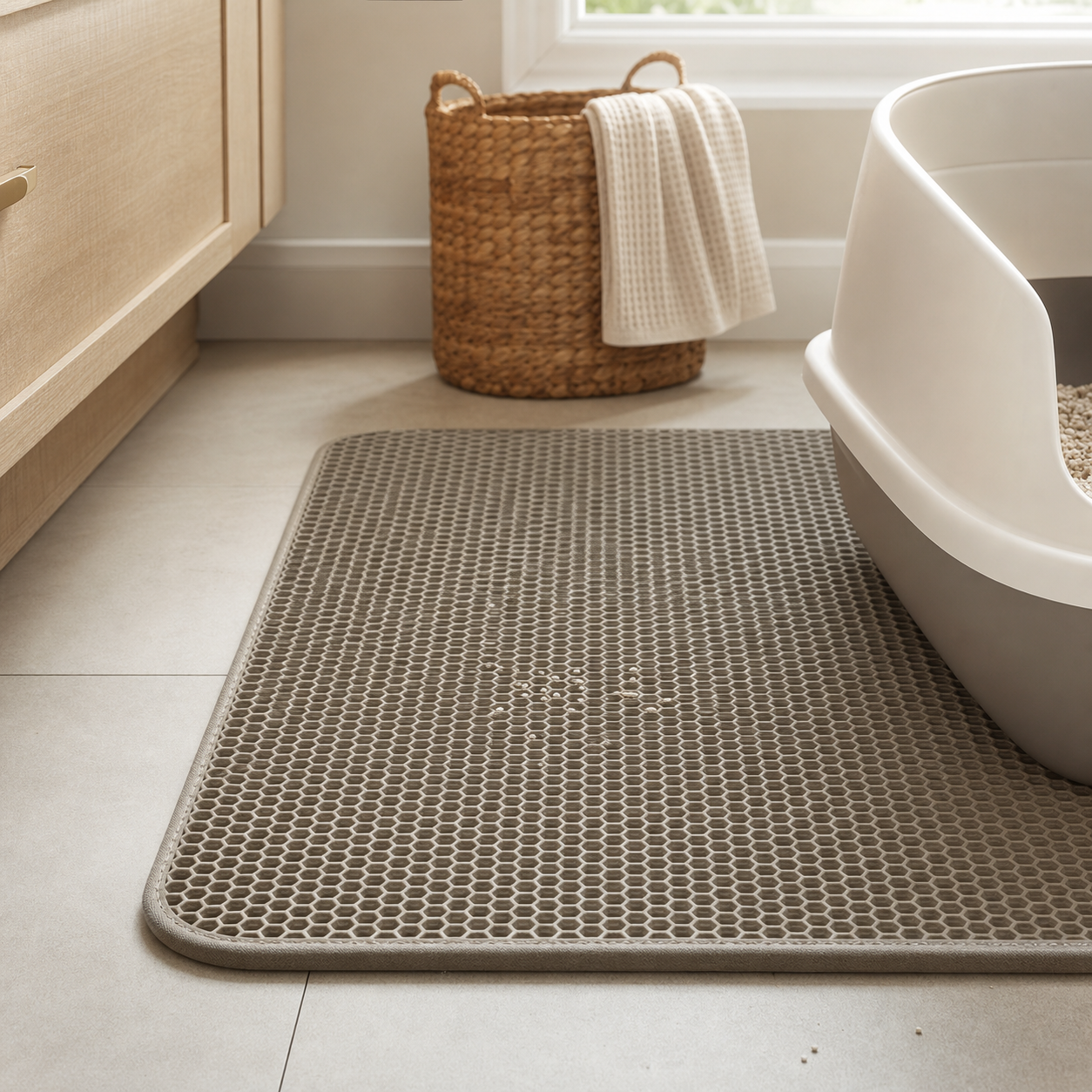 Homebody LitterCatch Mat beside a modern cat litter box