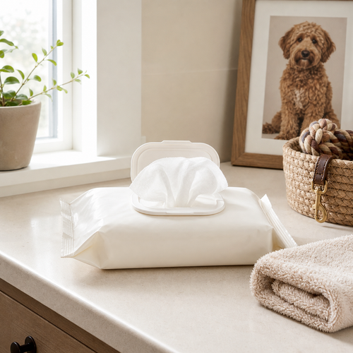 Homebody FreshPaw Wipes on a clean home vanity with pet accessories